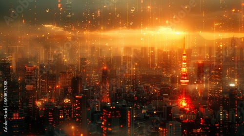 An abstract mixed media concept depicting a smart city and a telecommunication network.