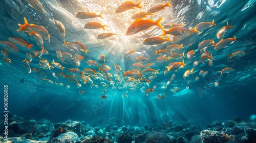 In the ocean, school of fish swim in transparent water. photo