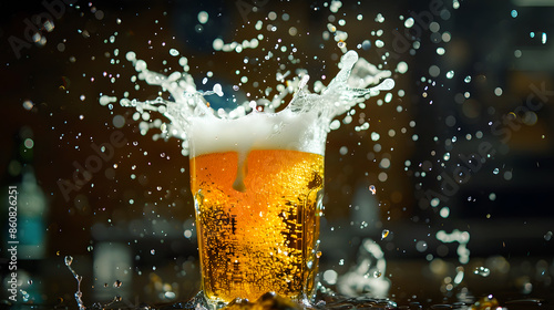 Amber colored beer glass filled with a foaming effervescent liquid surrounded by splashing water droplets in a dark moody environment The glass reflects the light creating an and abstract concept