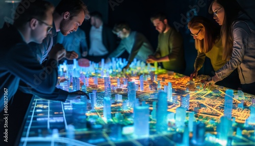 Fototapeta Naklejka Na Ścianę i Meble -  A team of city planners is discussing on a table full of holographically visualized city maps