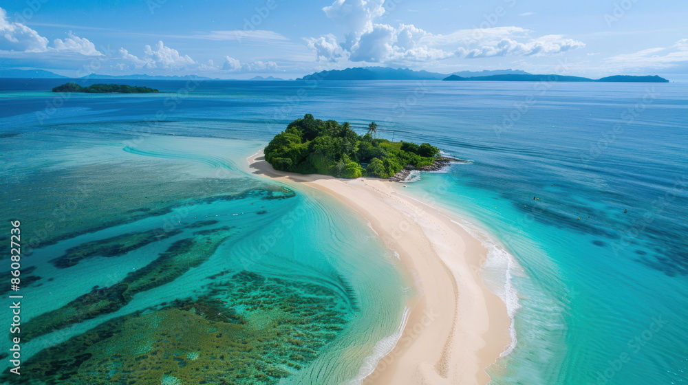 Obraz premium Drone view of island with white sand, beautiful ocean