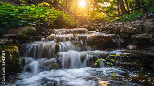 beautiful waterfall with green tree, nature landscape
