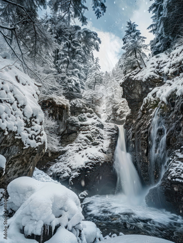 Obraz premium beautiful waterfall with big tree, Snap by slow speed shutter, snow season