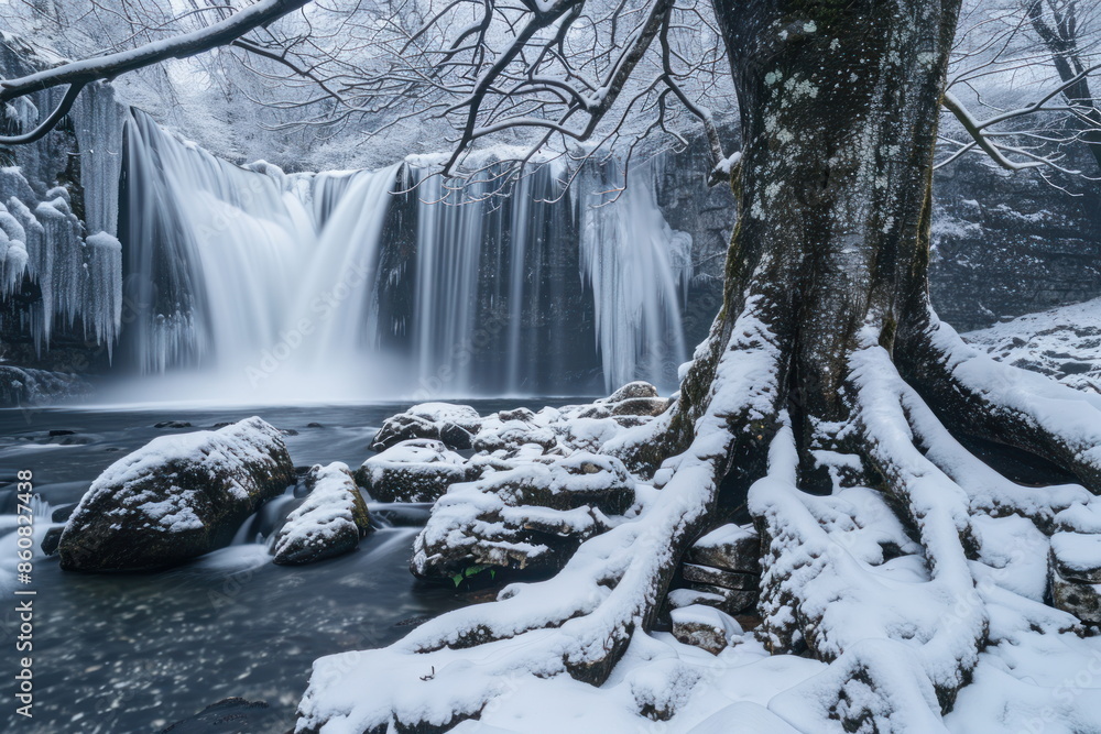 beautiful waterfall with big tree, Snap by slow speed shutter, snow season beautiful waterfall with big tree, Snap by slow speed shutter, snow season