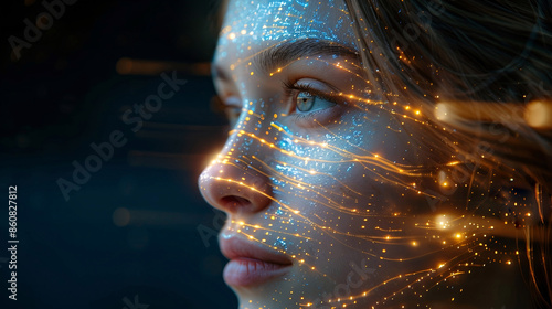 face of beautiful woman with technological neon connections.