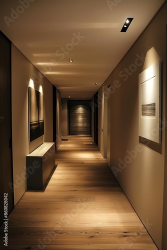 Modern Hallway with Warm Lighting and Minimalist Decor