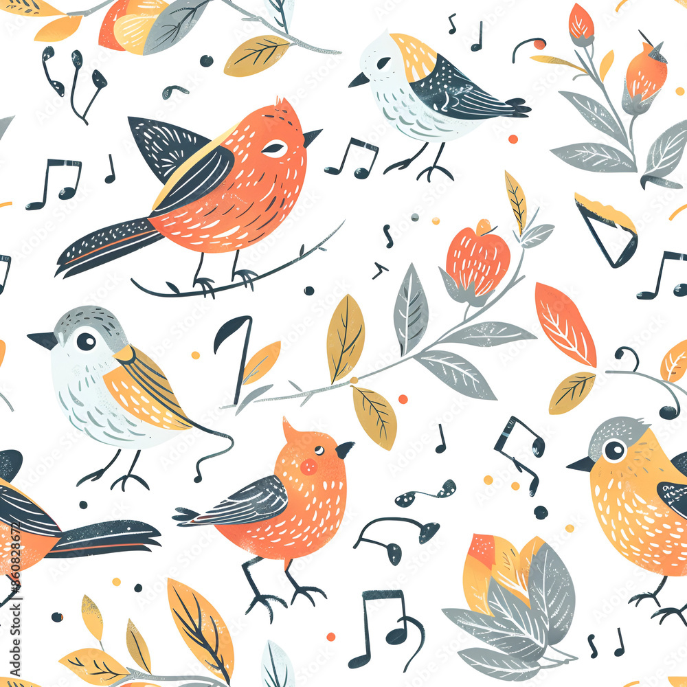 Cute Seamless Pattern with Singing Birds and Musical Notes Cute Seamless Pattern with Singing Birds and Musical Notes