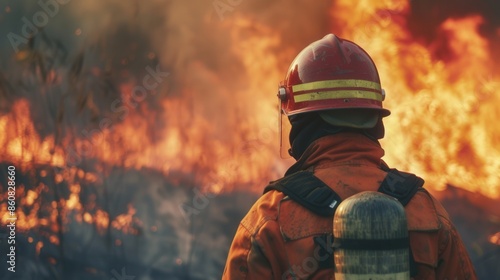 Firefighter in protective gear facing a raging wildfire with flames engulfing the background in a forest environment. © earthstudiotomo