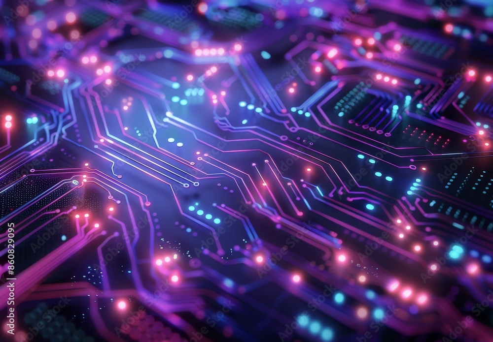 Close Up of a Purple and Blue Circuit Board With Glowing Lights Close Up of a Purple and Blue Circuit Board With Glowing Lights