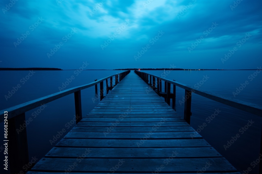 A tranquil image of a wooden pier stretching out into calm, deep blue waters under a cloudy twilight sky, evoking a sense of peace and solitude. A tranquil image of a wooden pier stretching out into calm, deep blue waters under a cloudy twilight sky, evoking a sense of peace and solitude.