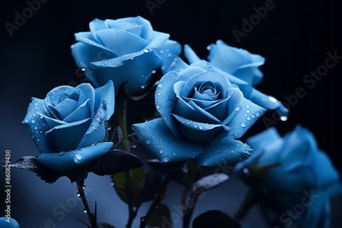 A stunning view of beautiful blue roses adorned with water droplets, set against a dark background, highlighting the elegance and ethereal quality of the blooms in a dramatic tone. photo