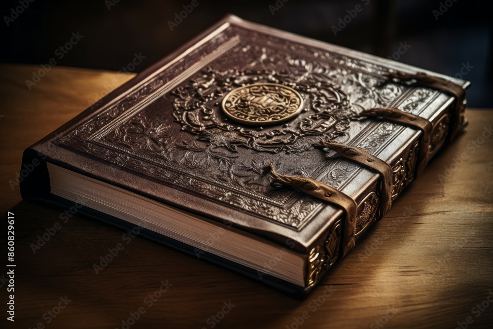 An antique book, featuring an ornate cover with intricate designs and latch closures, sits on a tabletop, exuding a sense of historical richness and craftsmanship. An antique book, featuring an ornate cover with intricate designs and latch closures, sits on a tabletop, exuding a sense of historical richness and craftsmanship.
