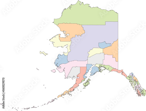 Editable vector file of the counties that make up the state of Alaska, located in the United States.