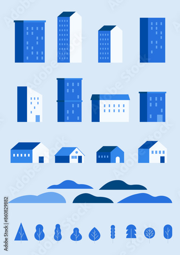 Vector illustration set of blue buildings.
