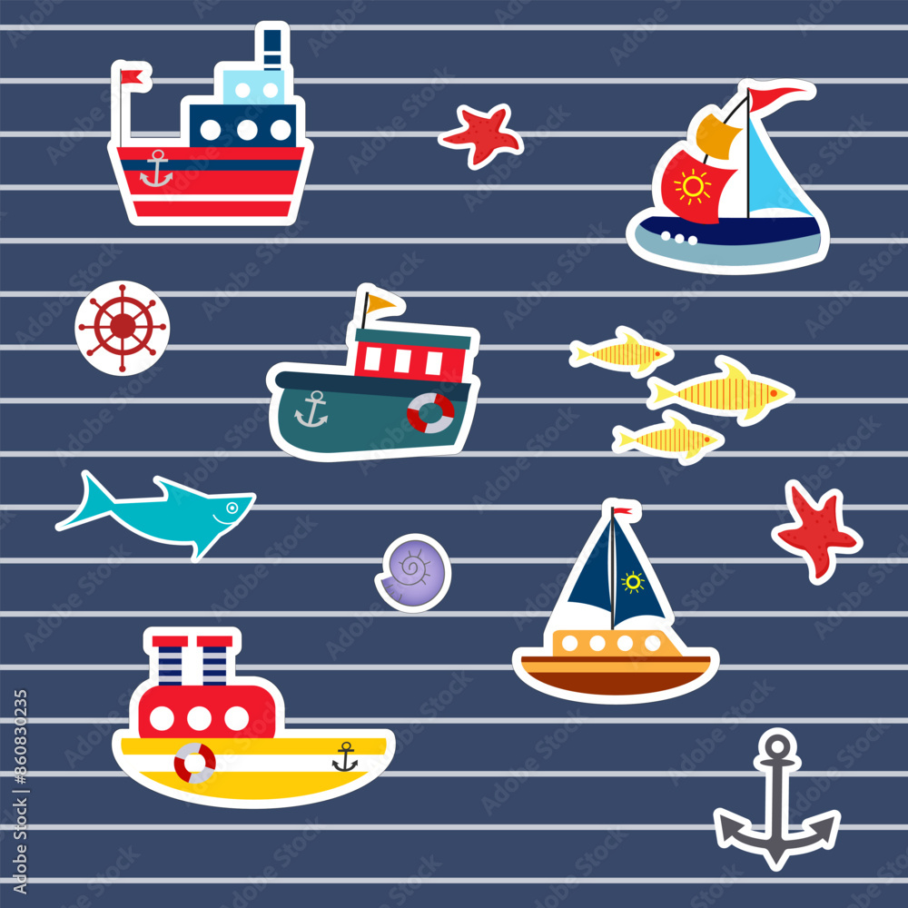 A set of stickers of boats, ships and sea creatures. Fish, shark, starfish and shells, steering wheel. For diaries and planners, scrapbooking. Vector illustration A set of stickers of boats, ships and sea creatures. Fish, shark, starfish and shells, steering wheel. For diaries and planners, scrapbooking. Vector illustration