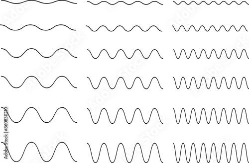 Pixel perfect icon set of sinusoidal signal waves sine cosine wave with various frequency. Thin line icons, flat vector illustrations, isolated on transparent background