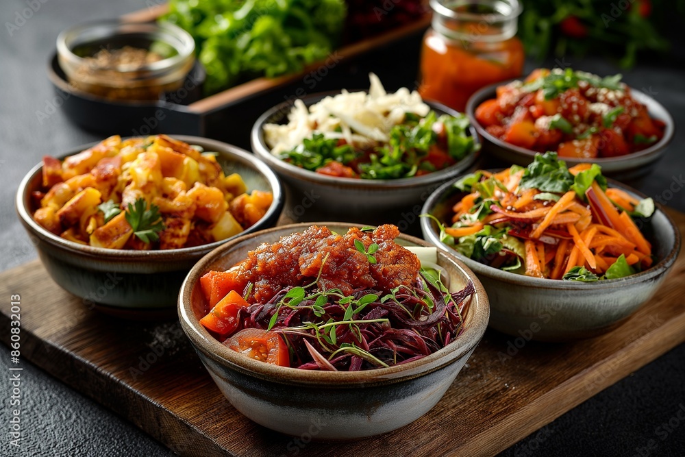 A variety of colorful bowls filled with different types of food, including beans A variety of colorful bowls filled with different types of food, including beans