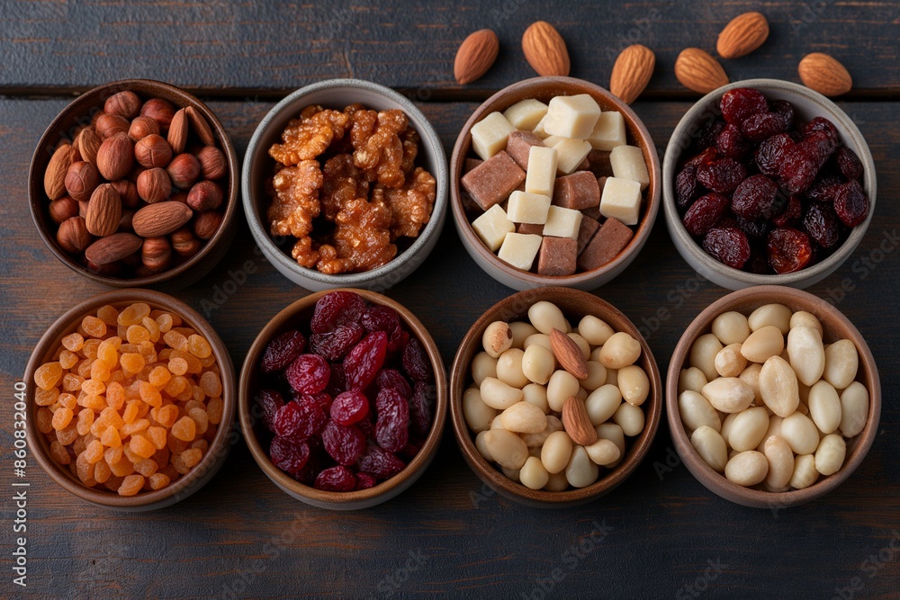 A variety of nuts and dried fruit are displayed in bowls on a wooden table A variety of nuts and dried fruit are displayed in bowls on a wooden table
