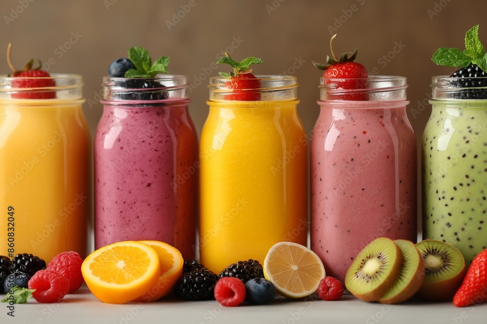 Assorted Smoothies and Natural Juices in Glass Jars with Vibrant Layers Assorted Smoothies and Natural Juices in Glass Jars with Vibrant Layers