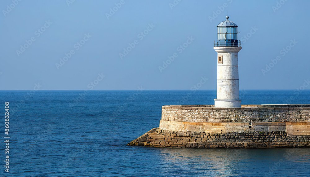 A white lighthouse stands on a stone breakwater overlooking the vast blue ocean. Generated by AI. A white lighthouse stands on a stone breakwater overlooking the vast blue ocean. Generated by AI.