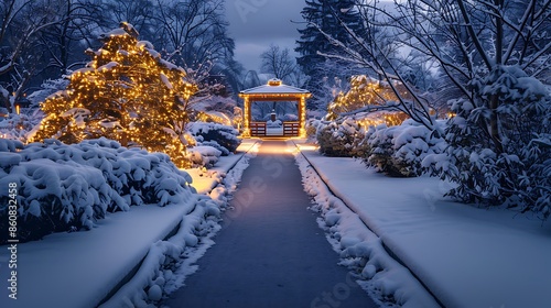 Fototapeta Naklejka Na Ścianę i Meble -  secluded garden path heated for winter walks, lined with illuminated snow-covered trees and a small, cozy pavilion at its end