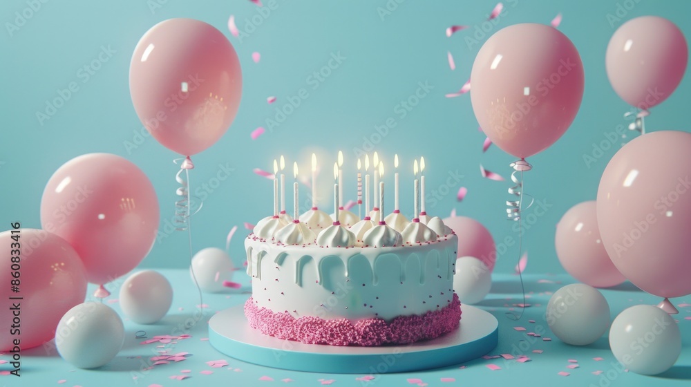 A birthday cake with pink frosting and white candles on top. Generate AI image A birthday cake with pink frosting and white candles on top. Generate AI image