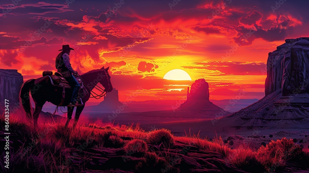 Obraz premium Classic Cowboy Adventure: Design an illustration of a cowboy riding a horse through the rugged Wild West. Capture the essence of the open plains, towering canyons, and a dramatic sunset. The cowboy