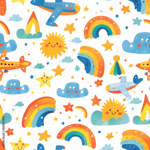 Cute Seamless Pattern with Airplane and Rainbows