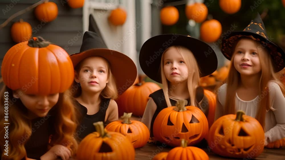 Girls In Halloween Costumes With Pumpkins Generative AI Girls In Halloween Costumes With Pumpkins Generative AI