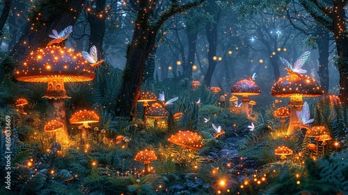Fairy Enchantment: Illustrate a whimsical scene featuring a fairy glen at twilight. Capture delicate fairies with iridescent wings dancing among glowing mushrooms and sparkling fireflies. The