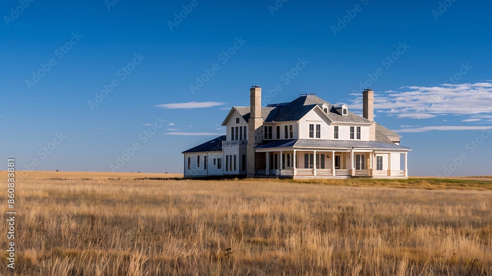 sprawling off-white ranch house, surrounded by wide open prairies and under a vast, clear blue sky sprawling off-white ranch house, surrounded by wide open prairies and under a vast, clear blue sky