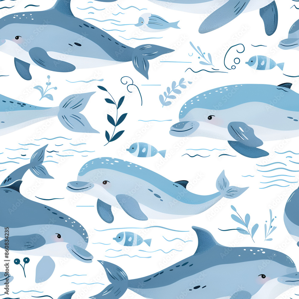 Naklejka premium Cute Seamless Pattern with Dolphins and Sea Waves