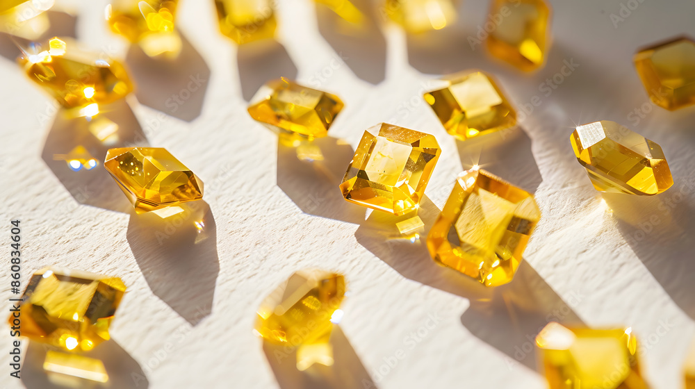 Gemstone facet cutting yellow sapphire variety shape on white paper background with selective focus : Generative AI Gemstone facet cutting yellow sapphire variety shape on white paper background with selective focus : Generative AI