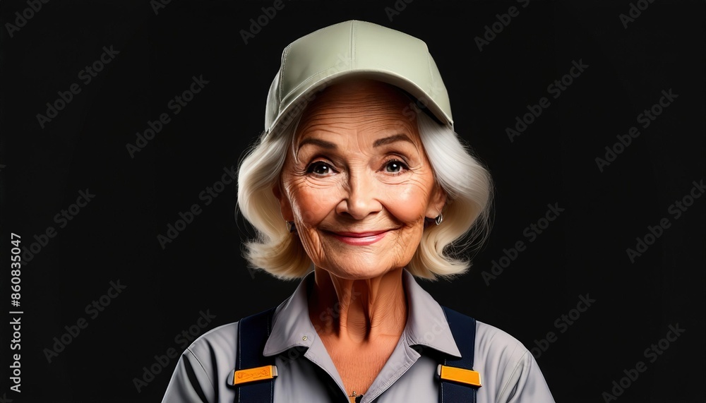 Elderly Woman Smiling in Work Uniform Against Dark Background Elderly Woman Smiling in Work Uniform Against Dark Background