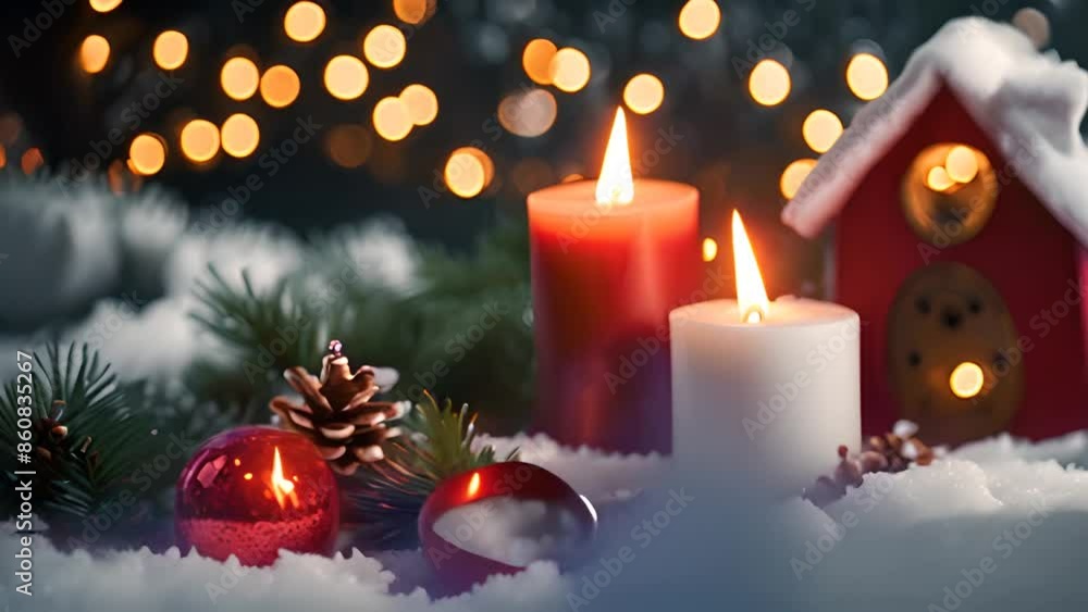 Christmas Candles and Ornaments in Snow Generative AI Christmas Candles and Ornaments in Snow Generative AI