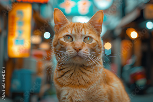 International Cat Day. a close up cat exploring a vibrant futuristic cityscape at night, neon lights and holographic billboards, energetic and adventurous atmosphere. © DesveryRafnika