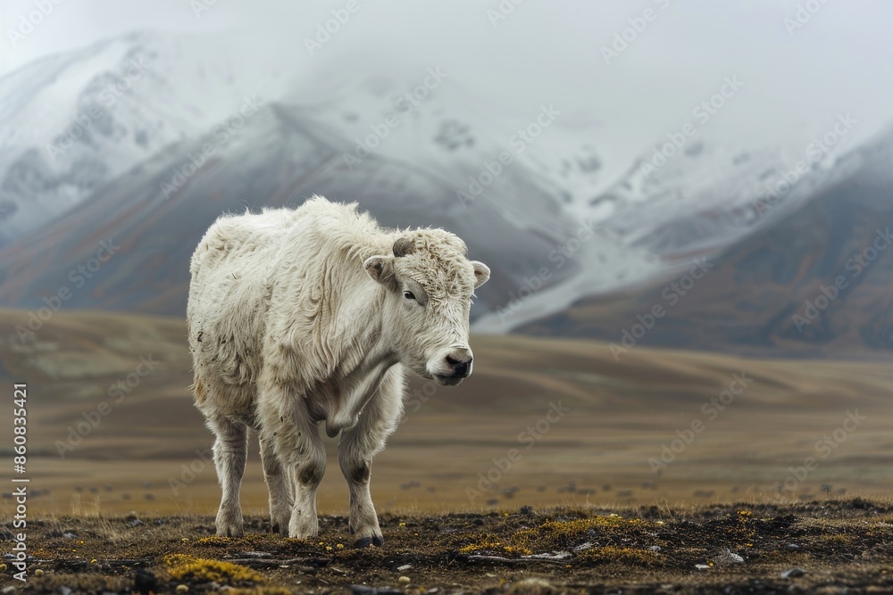 Fototapeta premium White Yak in a Mountainous Landscape