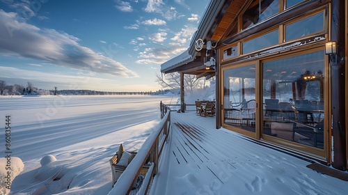 winter fishing lodge with a heated indoor/outdoor deck overlooking a frozen lake, where anglers can enjoy the sport in comfort surrounded by serene snow-covered landscapes photo