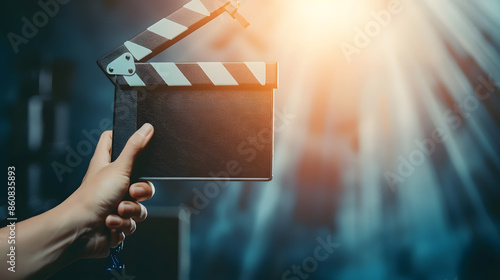 Man hands holding movie clapper Film director conceptcamera show viewfinder image catch motion in interview or broadcast wedding ceremony catch feeling stopped motion in best memorial  : Generative AI photo