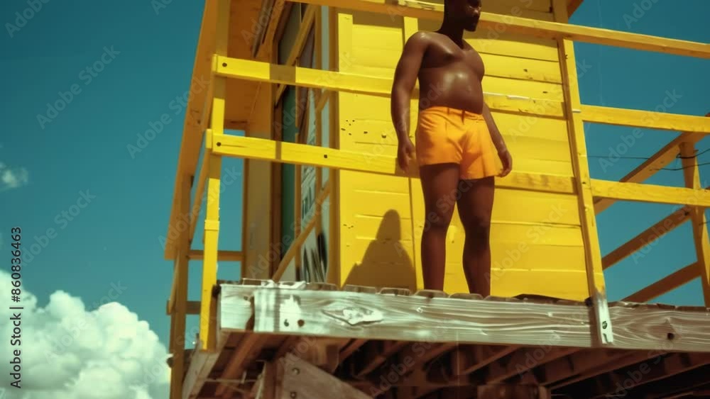 Vibrant yellow lifeguard tower against azure sky. Figure stands on platform, overlooking beach. Sunlit scene exudes warmth and summer energy. Retro color palette enhances nostalgic coastal atmosphere.
