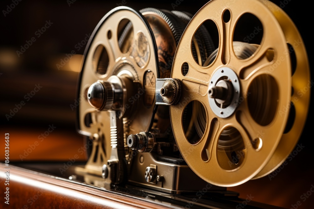 Fototapeta premium This image shows a close-up of an old-fashioned movie projector with a brown wooden base and two golden reels with film. The projector is isolated on a white background