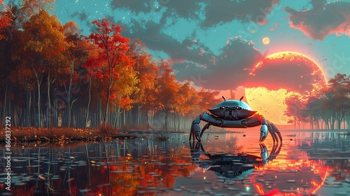 Enter a realm where a crab robot traverses a surrealistic autumn forest, its metallic sheen reflecting the neon-lit glow of a chromatic moon. Illustration, Minimalism, photo