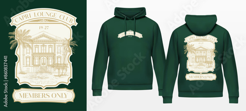 logo slogan graphic, chalet with palms, Lounge Club premium. city caribbean, palm Country club summer SS24 tennis crest sport	