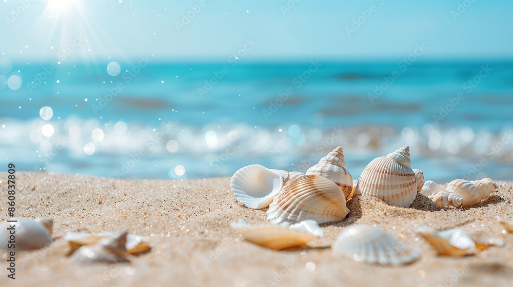 Seashells Scattered on a Sandy Beach by the Sea - Ideal for a Relaxing Vacation with Ample Copy Space Seashells Scattered on a Sandy Beach by the Sea - Ideal for a Relaxing Vacation with Ample Copy Space