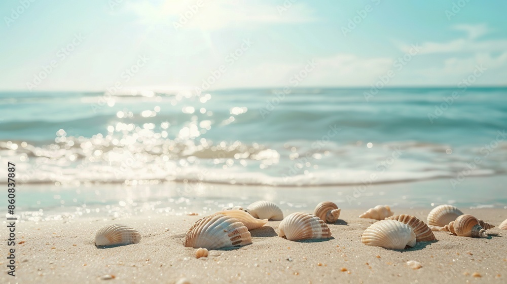 Idyllic Seaside Vacation Spot: Sandy Beach with Scattered Seashells and Ample Copy Space Idyllic Seaside Vacation Spot: Sandy Beach with Scattered Seashells and Ample Copy Space