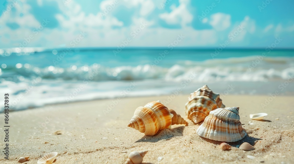 Idyllic Seaside Vacation Spot: Sandy Beach with Scattered Seashells and Ample Copy Space Idyllic Seaside Vacation Spot: Sandy Beach with Scattered Seashells and Ample Copy Space