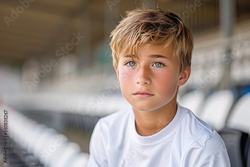 A pensive preadolescent boy in a white shirt sits alone in a stadium, his blue eyes gazing thoughtfully. Natural light accentuates his contemplative expression, capturing quietude and introspection photo