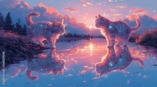 Step into a surrealistic world where cats with liquid metallic fur play under a holographic sky, their reflections casting a dreamy aura across the serene landscape. Illustration, Minimalism, photo
