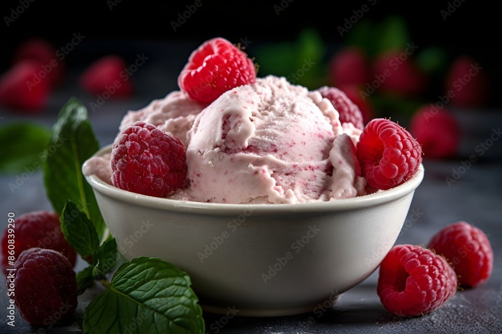 Raspberry ice cream with fresh raspberries in a bowl Raspberry ice cream with fresh raspberries in a bowl
