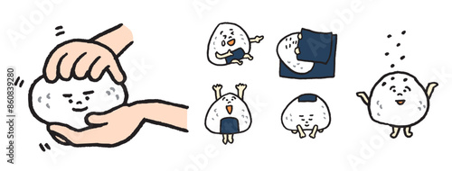 美味しく握られた三角のかわいいおむすびのキャライラスト